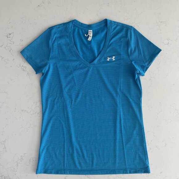 Under Armour Activewear SS V Neck Loose Fit Striped Polyester Shirt Blue Sz S - Picture 8 of 8